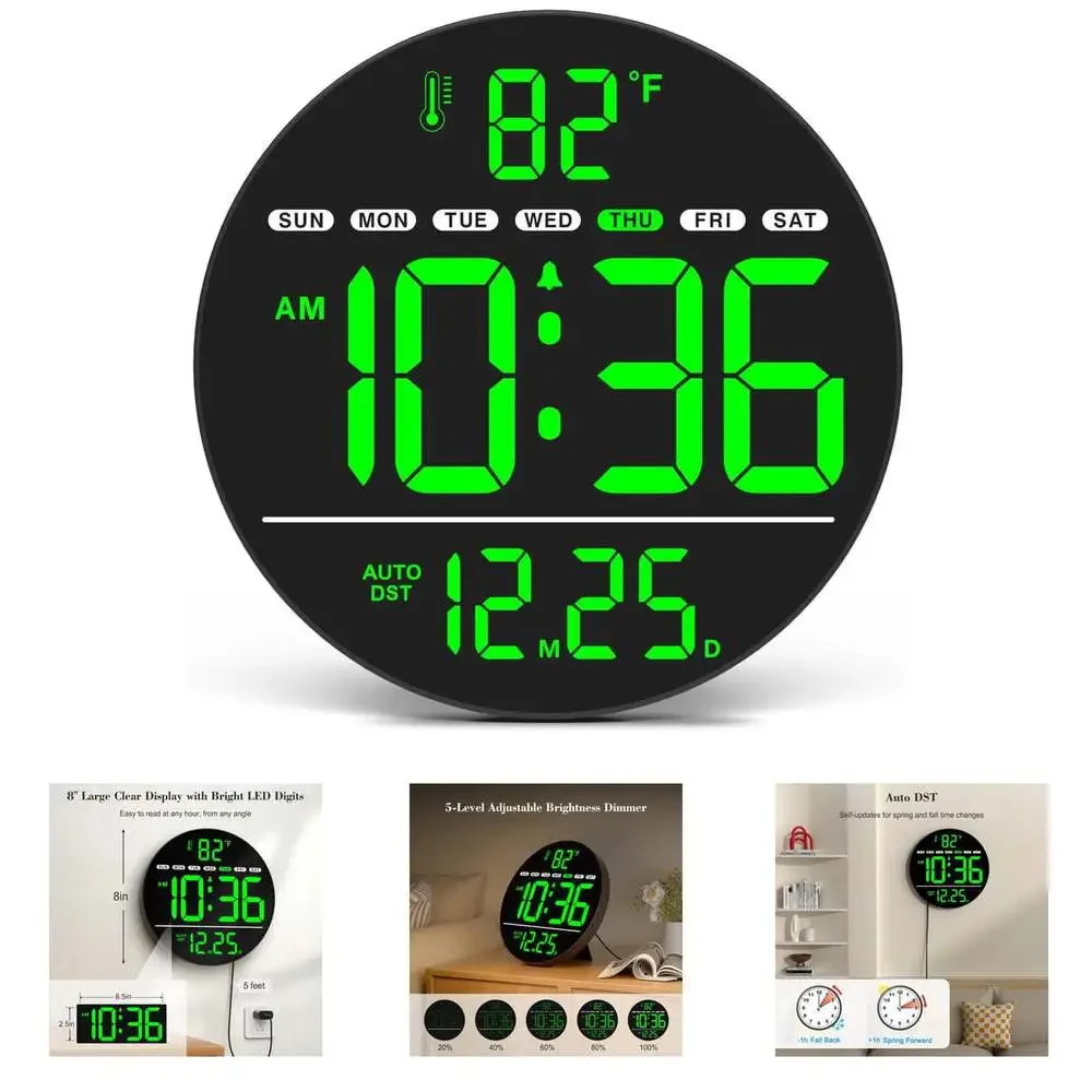 Digital Wall Clock with LED Display, Temperature, Auto Daylight Saving, Date